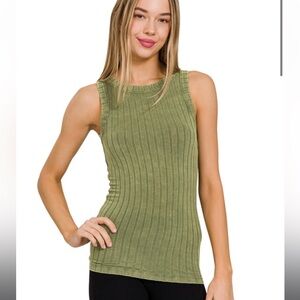 NEW ZENANA RIBBED SLEEVELESS TANK TOP WITH EXPOSED SEAM ASH OLIVE GREEN